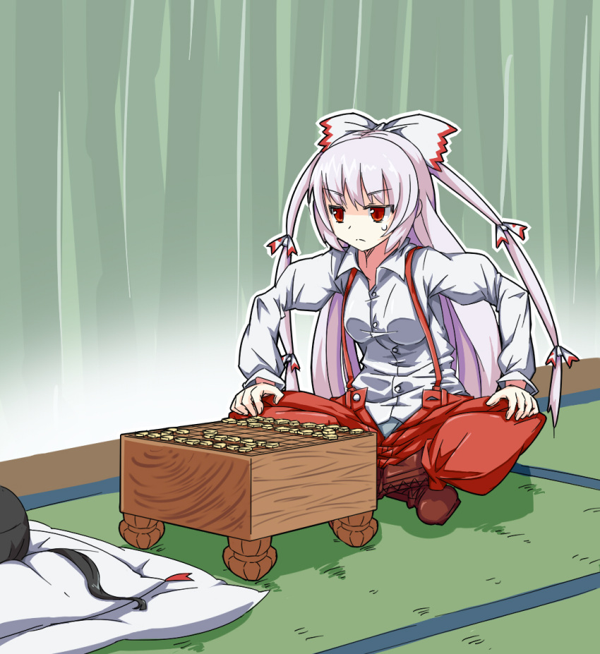 bow, commentary, cro, fujiwara_no_mokou, hair_bow, hair_ribbon, highres, houraisan_kaguya