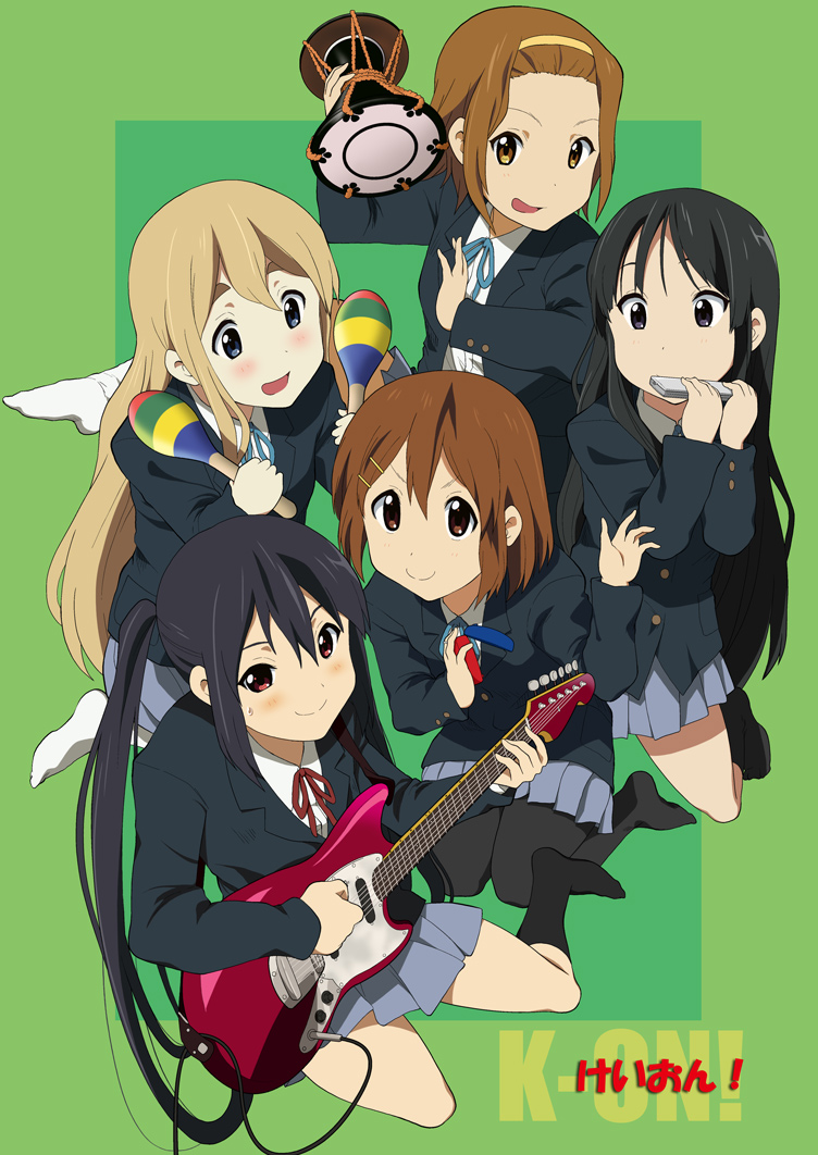 akiyama_mio, black_eyes, black_hair, blonde_hair, blue_eyes, brown_eyes, brown_hair, castanets