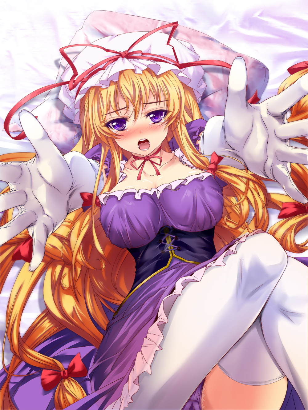 blonde_hair, blush, bow, breasts, corset, foreshortening, hat, hat_ribbon
