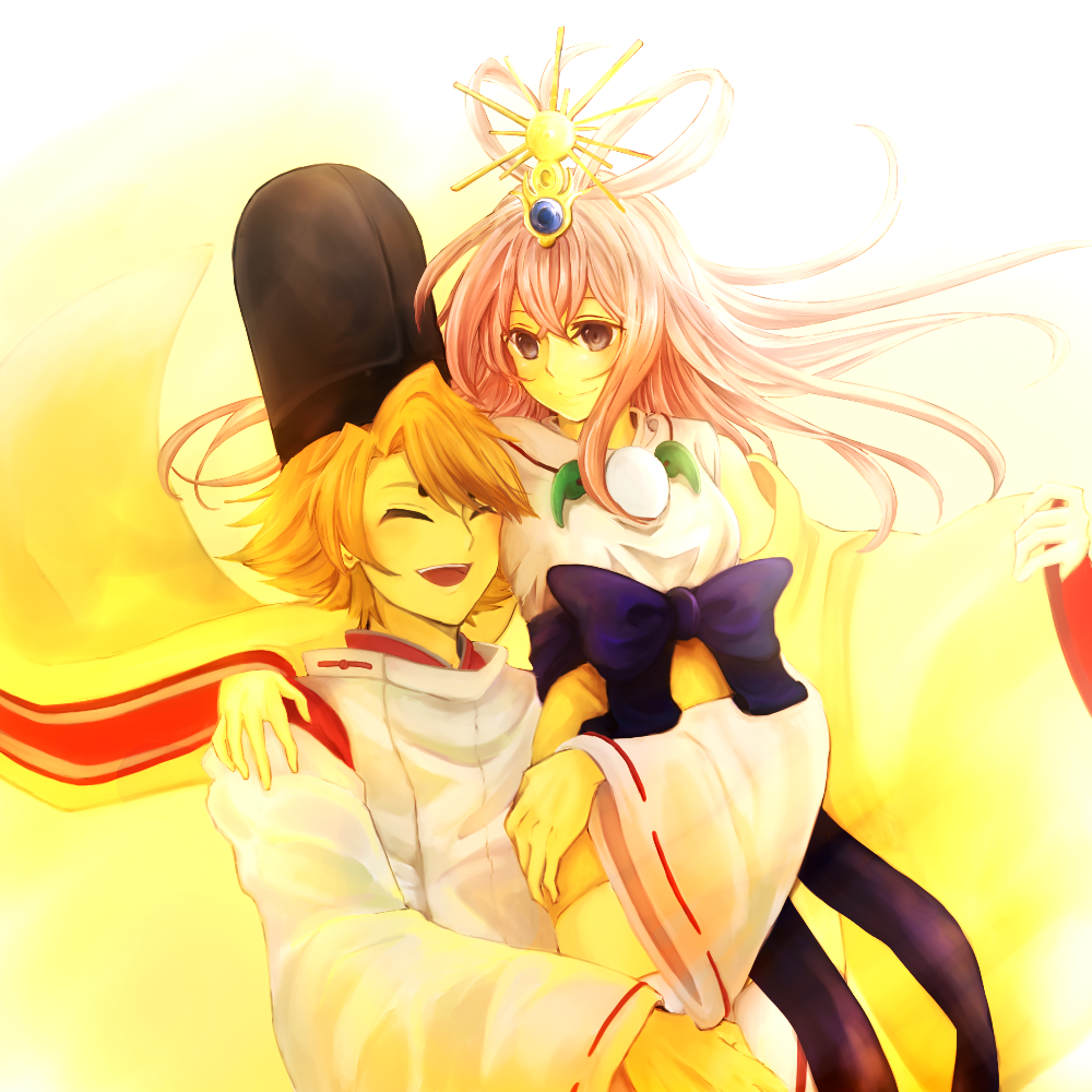 1girl, 3gou, brown_hair, cardfight!!_vanguard, carrying, ceo_amaterasu, ceo_amaterasu_(cosplay), closed_eyes, cosplay, couple, eyes_closed, hair_ornament, hat, japanese_clothes, lavender_hair, long_hair, long_sleeves, miwa_taishi, obi, oracle_think_tank, purple_eyes, ribbon, short_hair, silver_hair, smile, tokura_misaki, violet_eyes, wide_sleeves