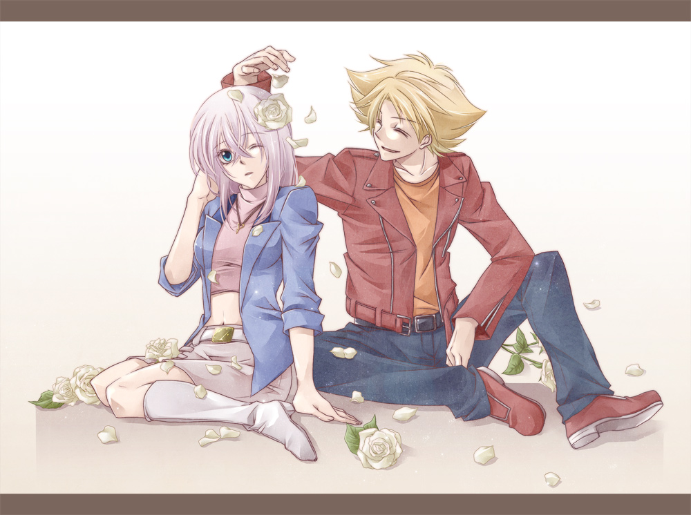 1girl, blonde_hair, blue_eyes, boots, cardfight!!_vanguard, closed_eyes, couple, eyes_closed