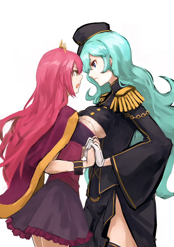 angry, aqua_hair, asymmetrical_docking, blue_eyes, bracelet, breast_press, breasts, brown_eyes