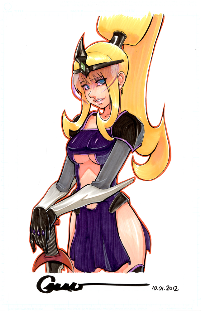 akiho_mazo, amazona, amazona_(wonder_momo:_battle_idol), bangs, blonde_hair, blue_eyes, breasts, center_opening, cleavage, dated, dress, gloves, lips, long_hair, magical_girl, marker_(medium), omar_dogan, payot, signature, simple_background, solo, sword, tiara, traditional_media, under_boob, underboob, veil, visor, weapon, wonder_momo, wonder_momo:_battle_idol