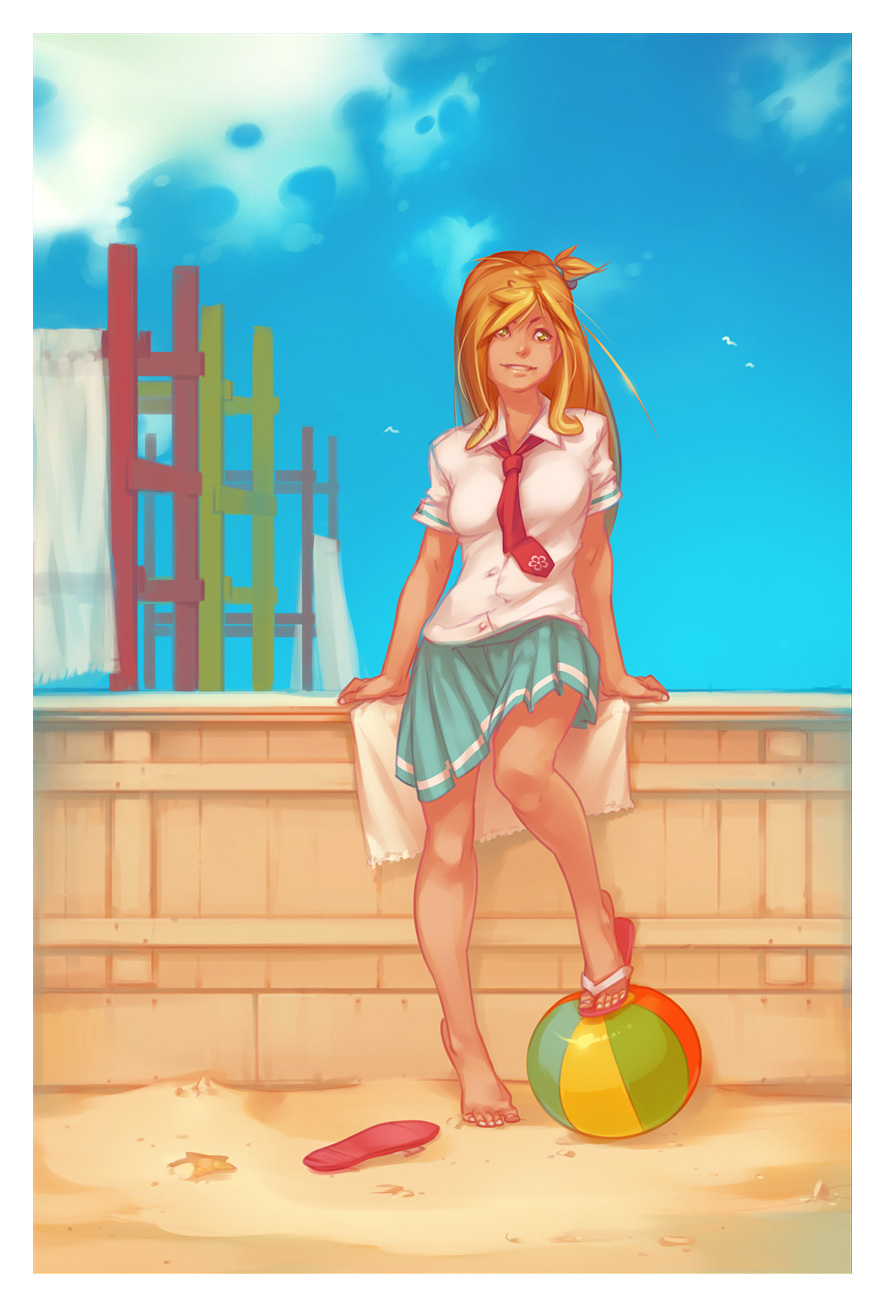 ball, bare_legs, barefoot, beach, beachball, blonde_hair, flip-flops, highres, long_hair, necktie, original, sand, sandals, school_uniform, single_shoe, skirt, sky, studio_qube