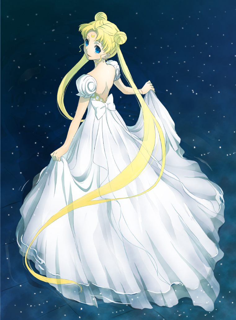 bare_back, bishoujo_senshi_sailor_moon, blue_eyes, clothes_grab, crescent_moon, double_bun, dress, facial_mark, forehead_mark, full_body, hair_bun, long_hair, looking_back, meriru_ururu, moon, night, night_sky, princess_serenity, puffy_short_sleeves, puffy_sleeves, reflection, short_sleeves, sky, solo, tsukino_usagi, twintails, water, white_dress