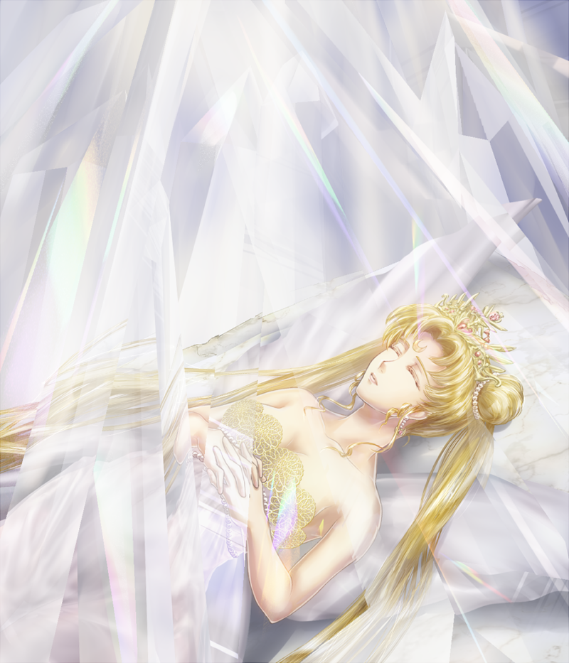akabane3, bare_shoulders, bishoujo_senshi_sailor_moon, blonde_hair, closed_eyes, crescent_moon, crown, crystal, dress, earrings, eyes_closed, facial_mark, forehead_mark, hair_bun, hair_ornament, interlocked_fingers, jewelry, long_hair, lying, moon, neo_queen_serenity, pearl, princess_serenity, sleeping, solo, tsukino_usagi, twintails, white, white_dress