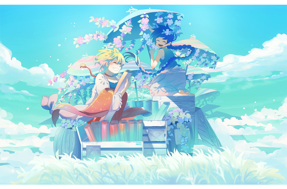 braid, character_request, closed_eyes, cloud, clouds, eyes_closed, flower, gradient_hair