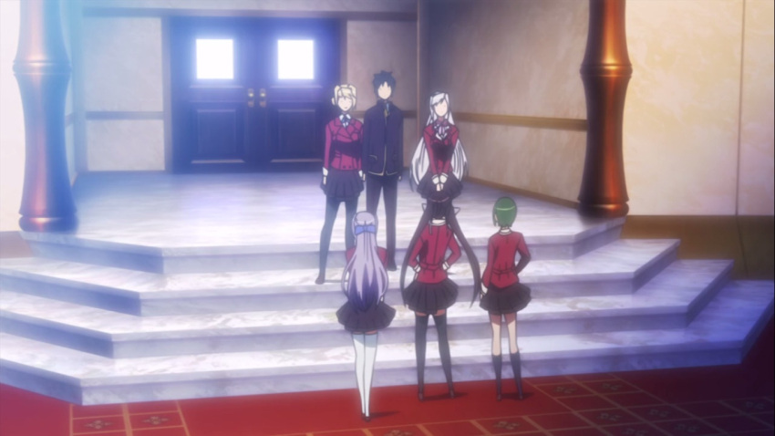 1boy, 5girls, black_hair, black_thighhighs, blonde_hair, facing_away, long_hair, lover