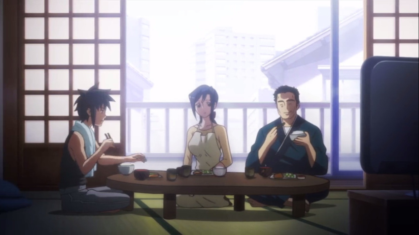 1girl, 2boys, artist_request, character_request, copyright_request, door, food, holding_bowl