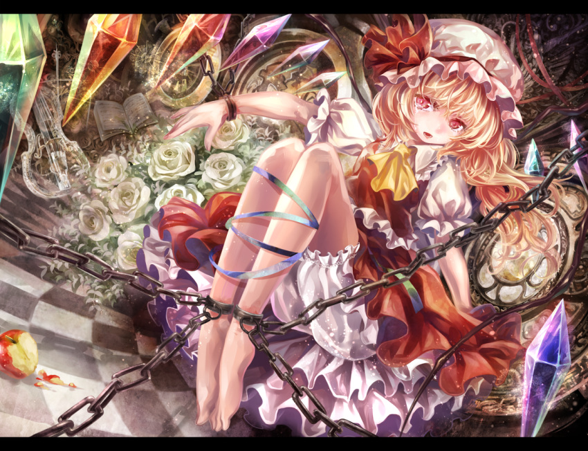 1girl, afraco, apple, ascot, bare_legs, barefoot, blonde_hair, bloomers, book, chain, chained, chains, checkered, checkered_floor, child, crying, cuffs, dress, flandre_scarlet, flower, flowers, food, fruit, hat, hat_ribbon, head_tilt, instrument, letterboxed, long_hair, open_book, open_mouth, red_eyes, ribbon, rose, shackle, shackles, short_hair, side_ponytail, skirt, skirt_set, solo, tears, touhou, violin, white_rose, wings