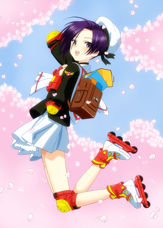 androgynous, bag, card_captor_sakura, cardcaptor_sakura, cherry_blossoms, cosplay, hat, inline_skates