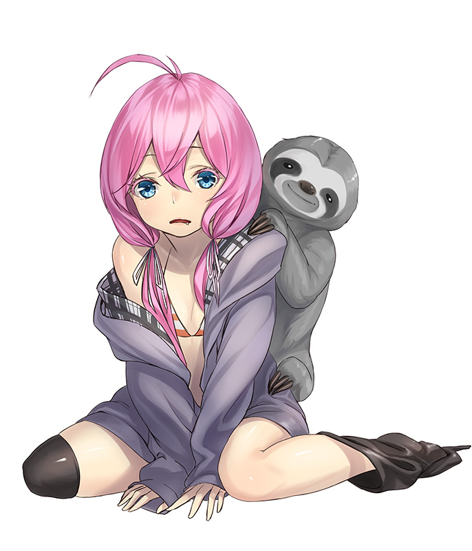ahoge, animal, bikini, black_legwear, blue_eyes, drooling, kyon_(fuuran), long_hair