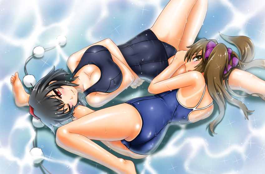 ass, back, black_hair, breasts, brown_eyes, brown_hair, buoyant_hair, cleavage, hat, himekaidou_hatate, long_hair, lying, multiple_girls, open_mouth, red_eyes, school_swimsuit, shameimaru_aya, short_hair, smile, swimsuit, tan, tanline, tokin_hat, touhou, twintails, water, yazuki_gennojou