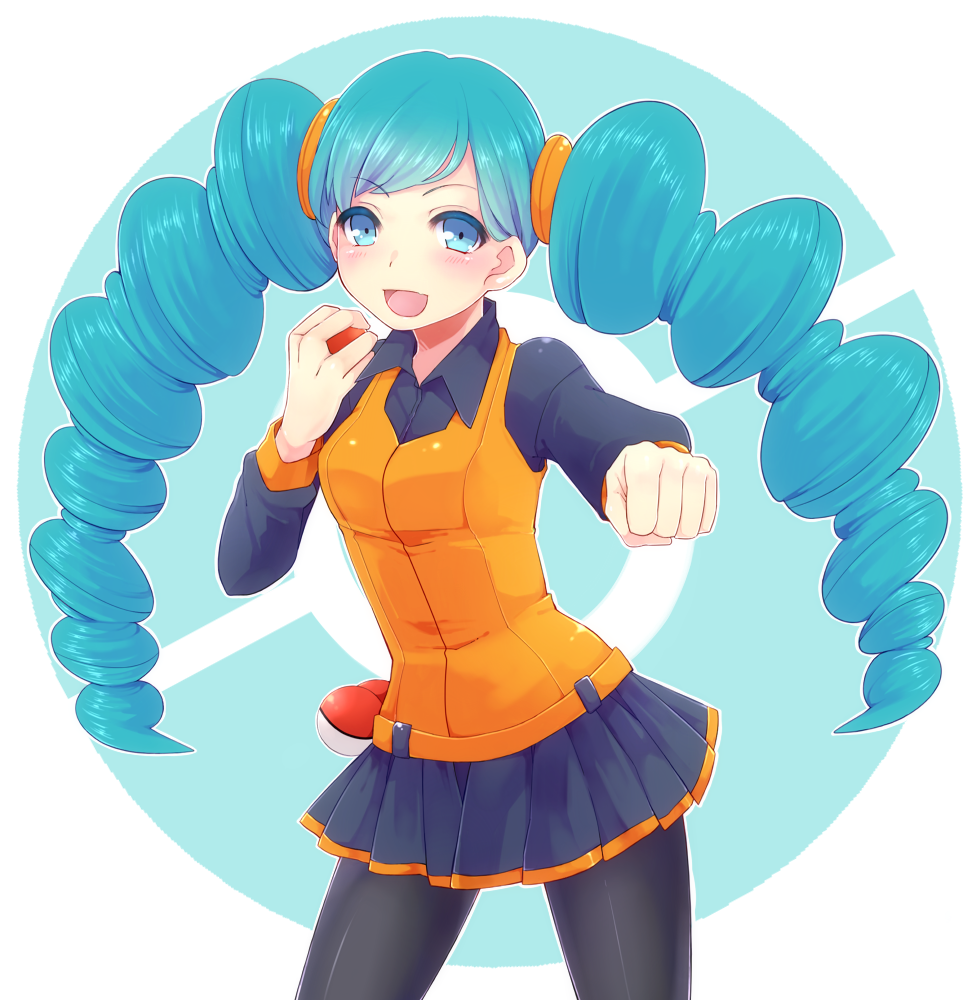 ace_trainer_(pokemon), aqua_hair, blue_eyes, holding, holding_poke_ball, panda_tarou, pantyhose, pleated_skirt