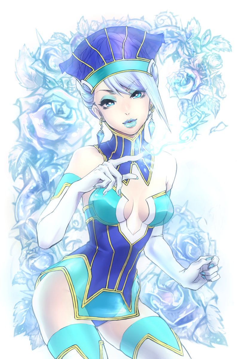 bare_shoulders, blue_eyes, blue_hair, blue_rose, blue_rose_(tiger_&amp;_bunny), breasts, cleavage, earrings