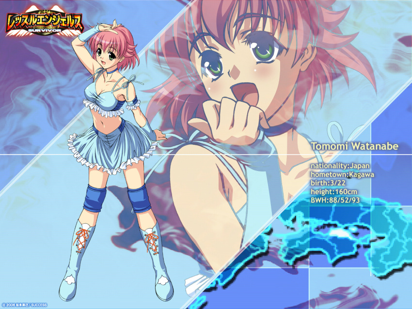 boots, breasts, character_name, choker, green_eyes, highres, open_mouth, pink_hair, short_hair, skirt, smile, solo, stats, touhou, watanabe_tomomi, wrestle_angels, wrestle_angels_survivor, wrestling_outfit