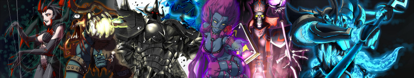 4boys, ?, absurdres, ahoge, armor, big_hair, black_hair, black_skin