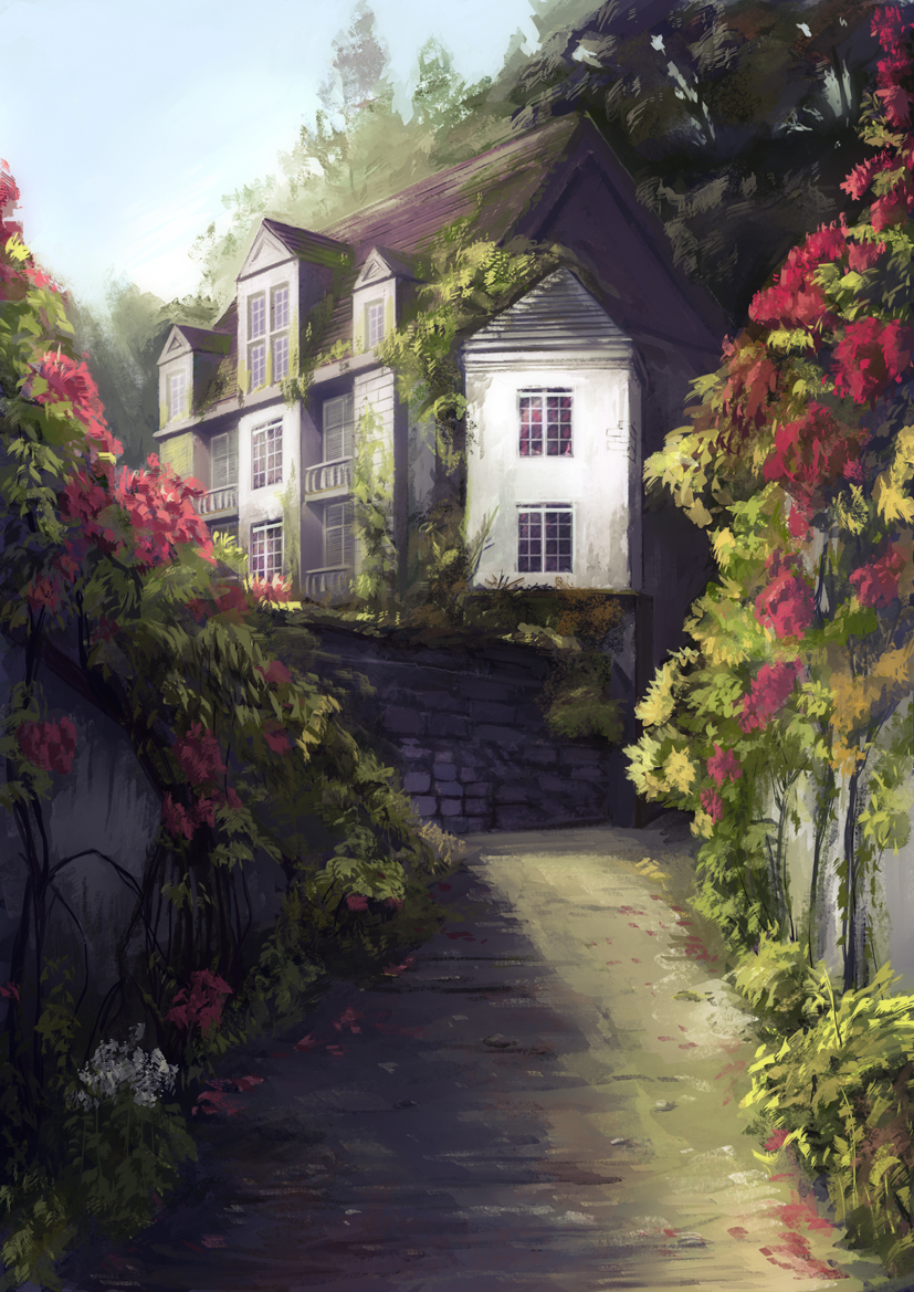 blue_sky, brick_wall, bush, faux_traditional_media, flower, house, m4a1tuhao, mansion, no_humans, no_lineart, original, oudoors, outdoors, path, plant, scenery, sky, still_life, tree, window