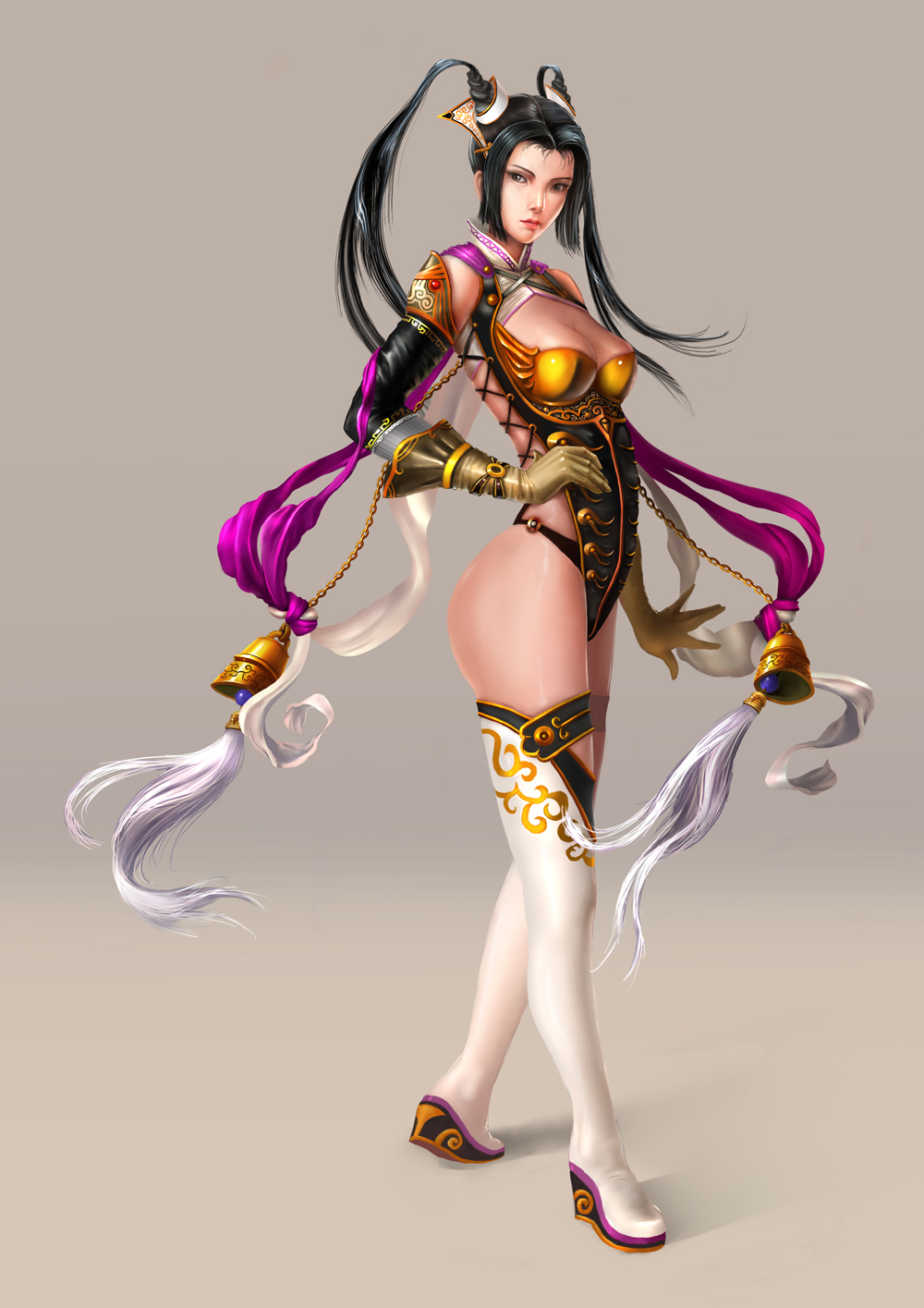 bell, black_hair, boots, breasts, cleavage, gloves, grey_background, hair_ornament