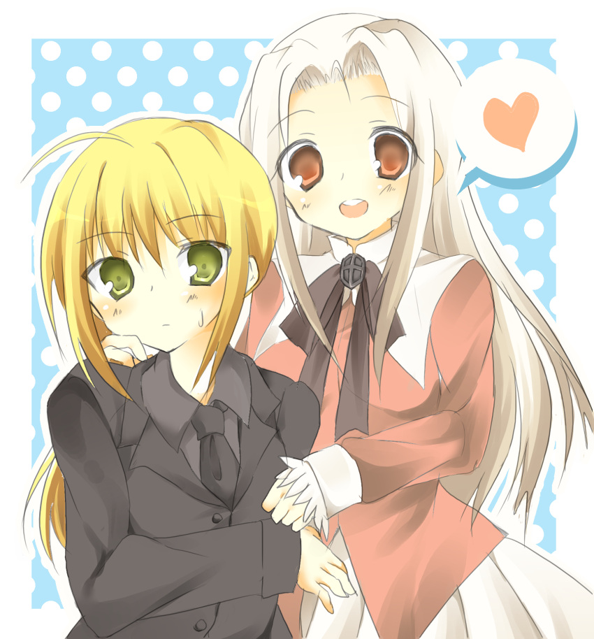 ahoge, blonde_hair, fate/zero, fate_(series), formal, green_eyes, heart, highres, irisviel_von_einzbern, kiminitokimeki, long_hair, multiple_girls, pant_suit, ponytail, red_eyes, ribbon, saber, spoken_heart, suit, white_hair