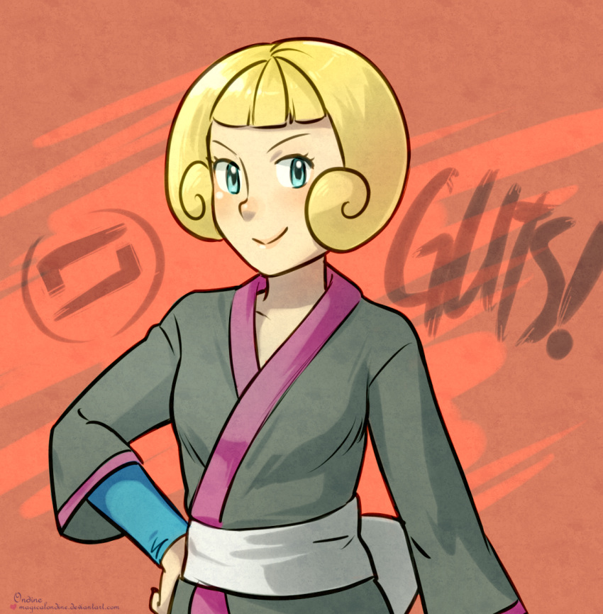1girl, blonde_hair, blue_eyes, frontier_brain, hand_on_hip, japanese_clothes, kimono, kogomi_(pokemon)