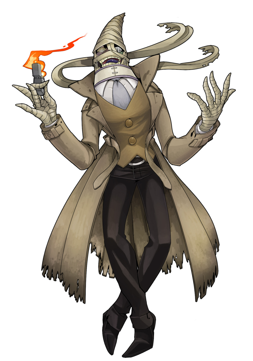 bandage, bandages, belt, coat, crazy_smile, flame, goren, highres