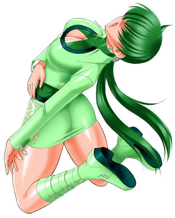 alternate_color, arched_back, ass, boots, breasts, cleavage, cleavage_cutout, cropped_jacket