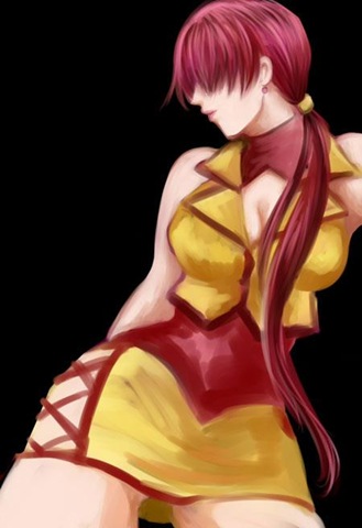 alternate_color, alternate_costume, artist_request, bare_shoulders, black_background, breasts, cleavage, cleavage_cutout
