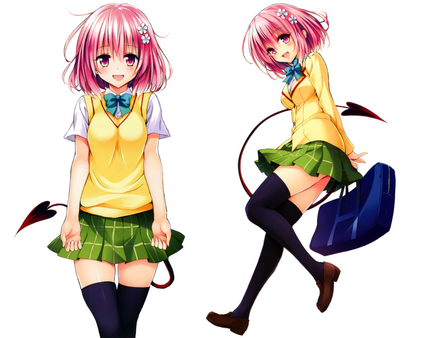 1girl, :d, bag, breasts, eyebrows_visible_through_hair, flower_hair_ornament, green_skirt, hair_flower