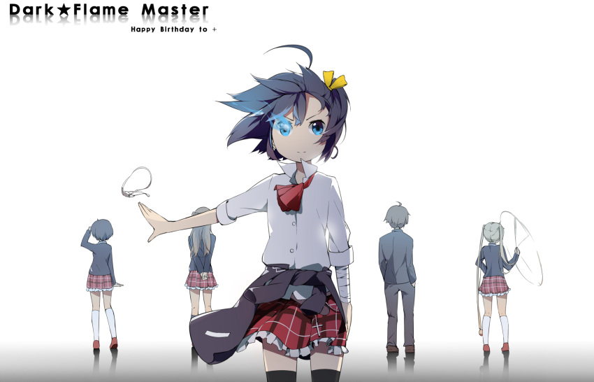 4girls, ahoge, bandage, bandages, black_hair, black_legwear, black_rock_shooter, blue_eyes