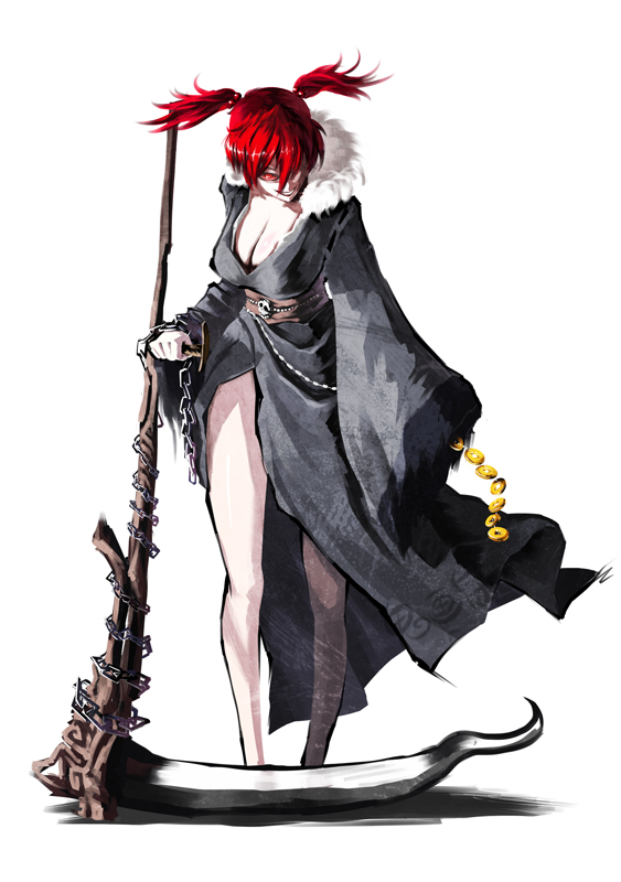 alternate_costume, bare_legs, ghostzxt, hair_bobbles, hair_ornament, japanese_clothes, obi, onozuka_komachi, red_eyes, red_hair, redhead, scythe, short_hair, smile, solo, touhou, twintails, white_background