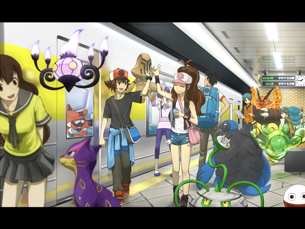 backpacker_(pokemon), bare_legs, baseball_cap, beheeyem, black_hair, blue_hair, brown_eyes, brown_hair