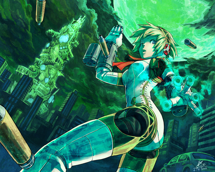 aegis, android, blonde_hair, blue_eyes, bow, cyborg, moon, persona