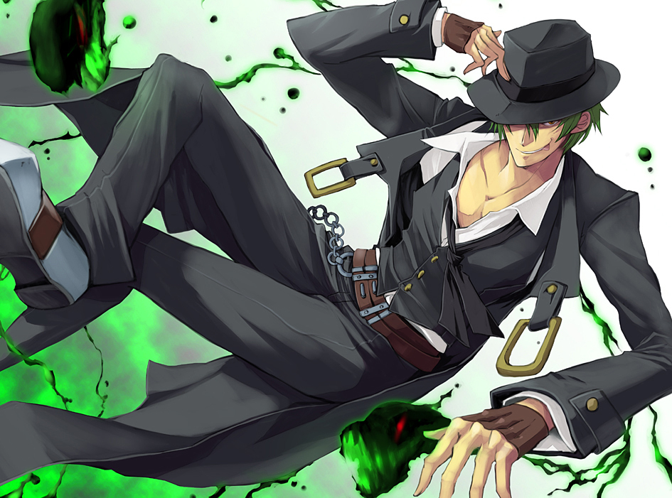 blazblue, fedora, fingerless_gloves, gloves, green_hair, hat, hat_over_one_eye, hazama, long_coat, silver_hair, solo, undone_necktie, vest, yellow_eyes, zyano