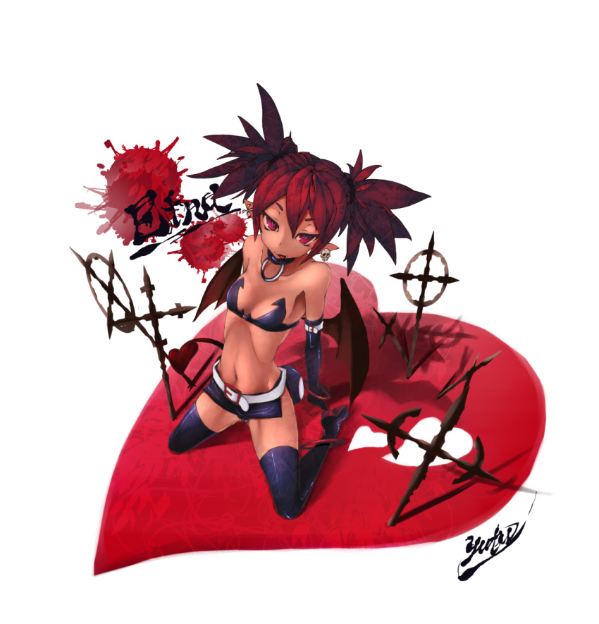 :p, bare_shoulders, belt, boots, character_name, choker, cross, demon_girl
