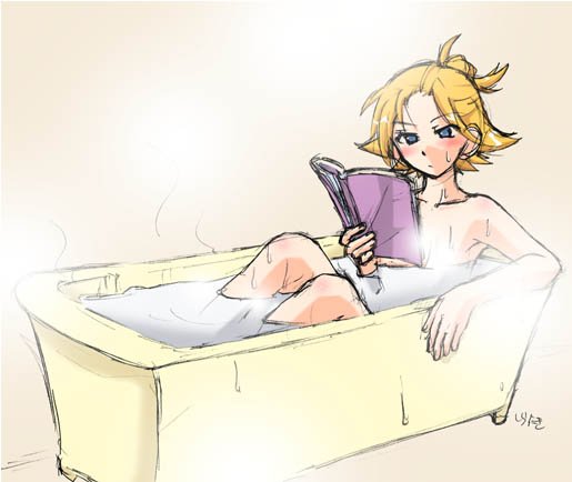 advance_wars, advance_wars:_dual_strike, bath, bathing, bathtub, blonde_hair, blue_eyes, blush, censored, convenient_censoring, famicom_wars, famicom_wars_ds, hair_bun, nintendo, nude, rachel, rachel_(advance_wars), shirawaki, short_hair, solo, steam, updo, wet