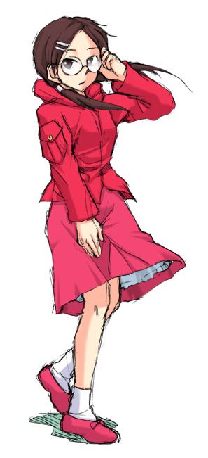 adjusting_glasses, advance_wars, advance_wars:_dual_strike, asuka_(advance_wars), brown_eyes, brown_hair, flat_chest, glasses