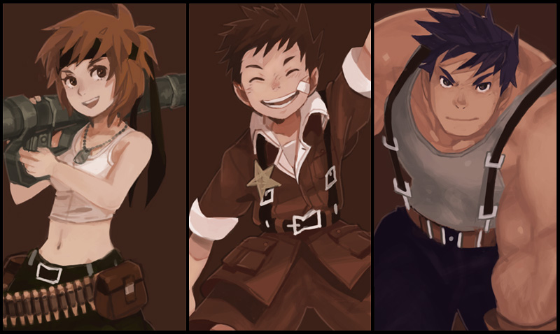 2boys, advance_wars, advance_wars:_dual_strike, bandaid, bandolier, bazooka, blue_hair, brown_hair