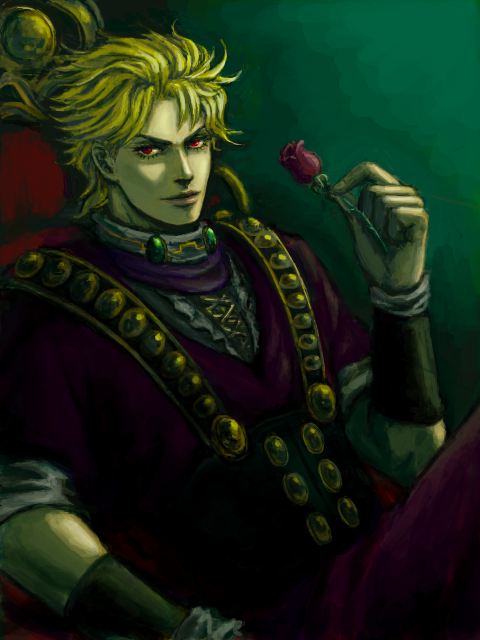 asma_(tegaki), blonde_hair, dio_brando, flower, jojo_no_kimyou_na_bouken, red_eyes, rose, solo, tegaki