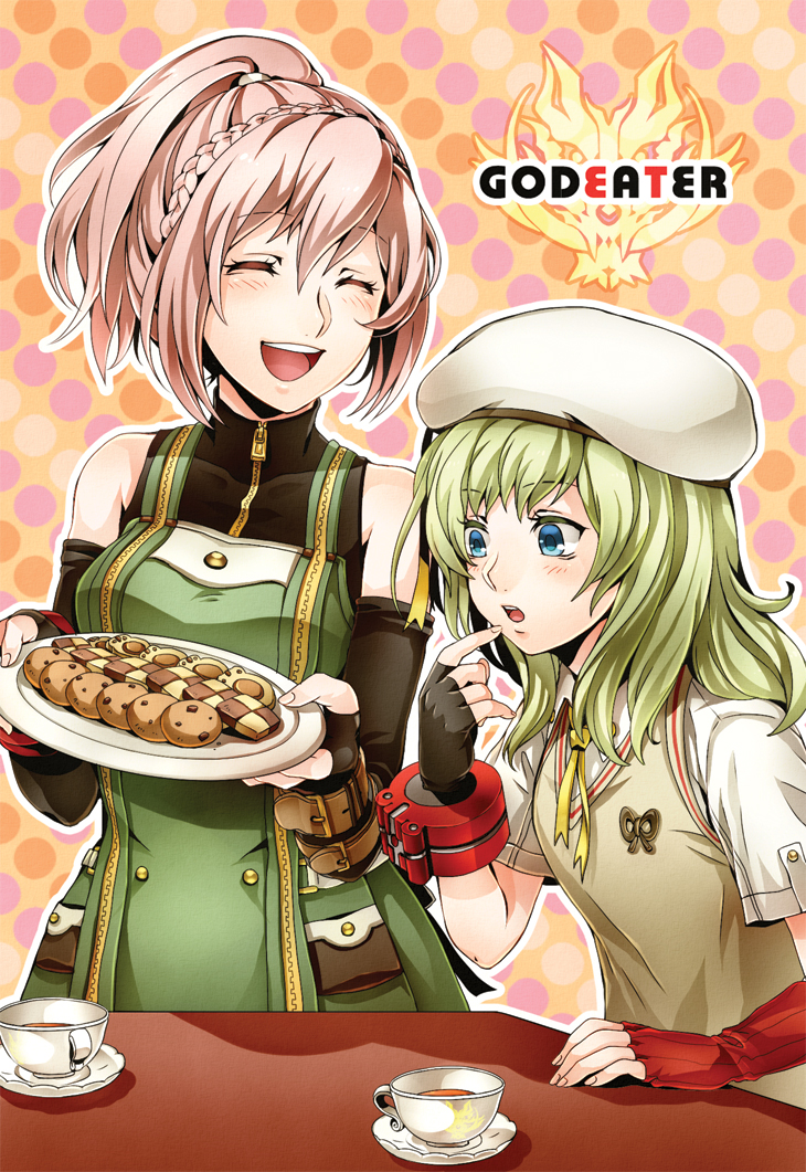 bare_shoulders, black_gloves, blue_eyes, blush, braid, closed_eyes, cookie, cup