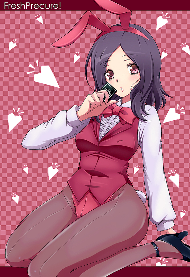 bad_id, black_hair, bunny_ears, bunnysuit, card, carrot, dress_shirt, english