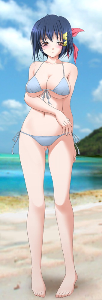 beach, bikini, blue_hair, blush, breasts, brown_eyes, cleavage, front-tie_top