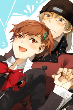 1girl, aragaki_shinjirou, beanie, blush, bow, brown_eyes, brown_hair, couple