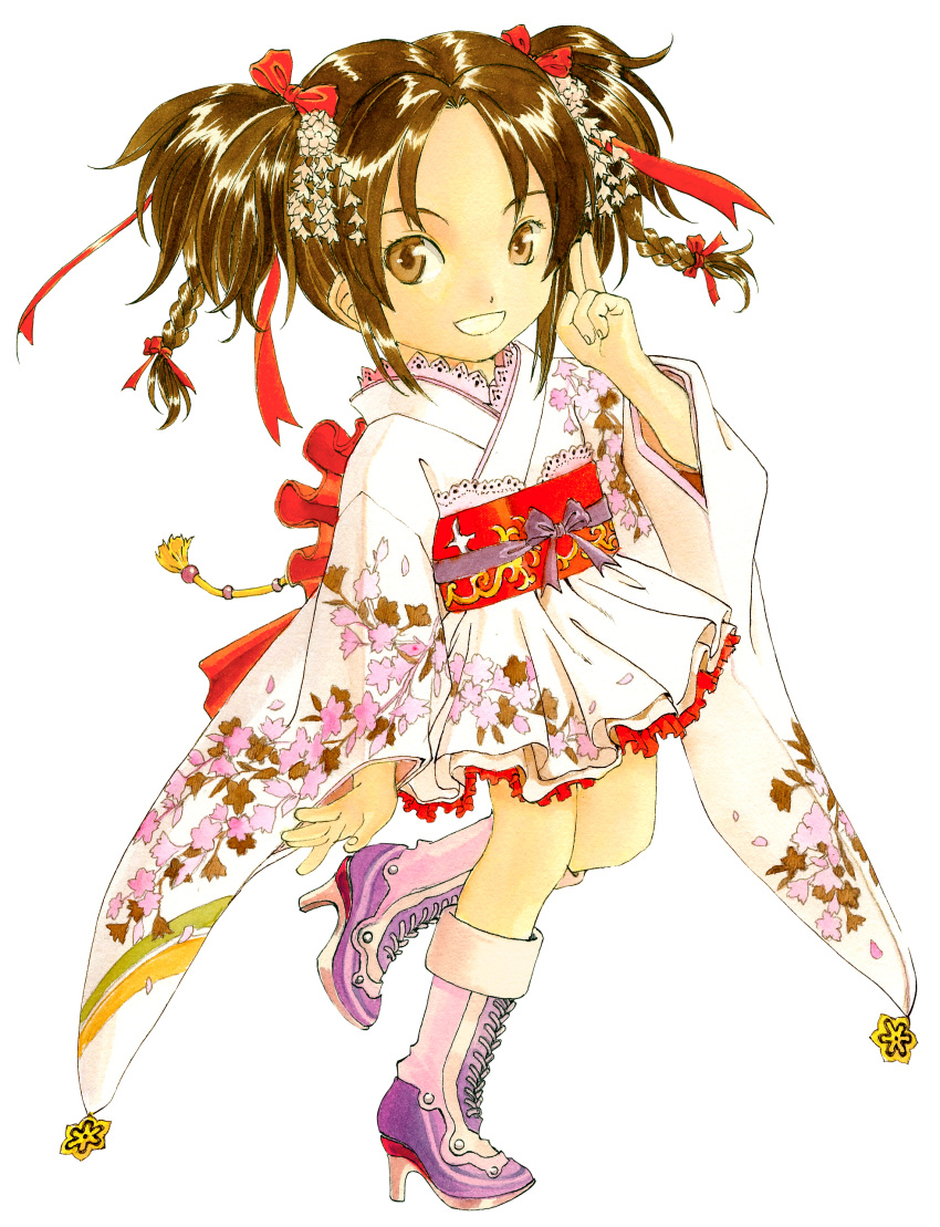absurdres, boots, brown_eyes, brown_hair, cherry_blossoms, female, floral_print, frilled_skirt, frills, fujishima_kousuke, furisode, hair_ornament, hair_ribbon, highres, japanese_clothes, kimono, kimono_skirt, lace, leg_lift, leg_up, looking_at_viewer, obi, official_art, original, red_ribbon, ribbon, salute, short_twintails, simple_background, smile, solo, standing_on_one_leg, tomoe-chan, traditional_media, twintails, two-finger_salute, white_background