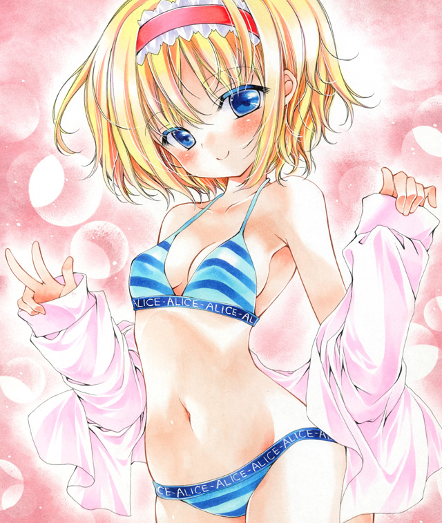 alice_margatroid, bikini, blonde_hair, blue_eyes, breasts, character_name, dress_shirt, hairband
