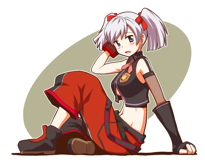 adjusting_hair, alisa_ilinichina_amiella, alternate_hairstyle, arm_support, belt, blue_eyes, blush, god_eater