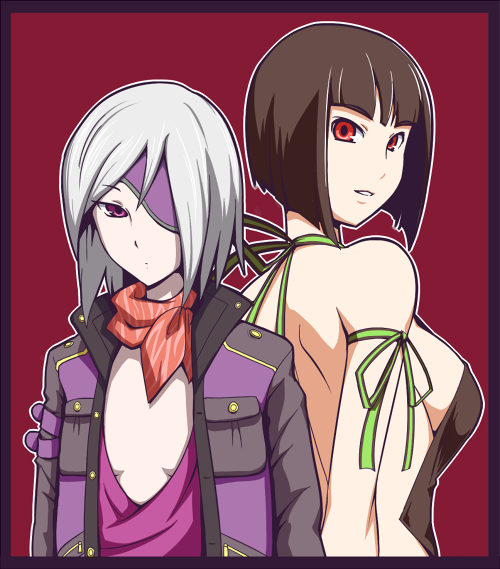 back, border, breasts, brown_hair, flat_chest, gina_dickinson, god_eater, god_eater_burst, jacket, large_breasts, multiple_girls, neckerchief, purple_eyes, red_eyes, short_hair, sideboob, silver_hair, simple_background, soubee1, tachibana_sakuya, violet_eyes