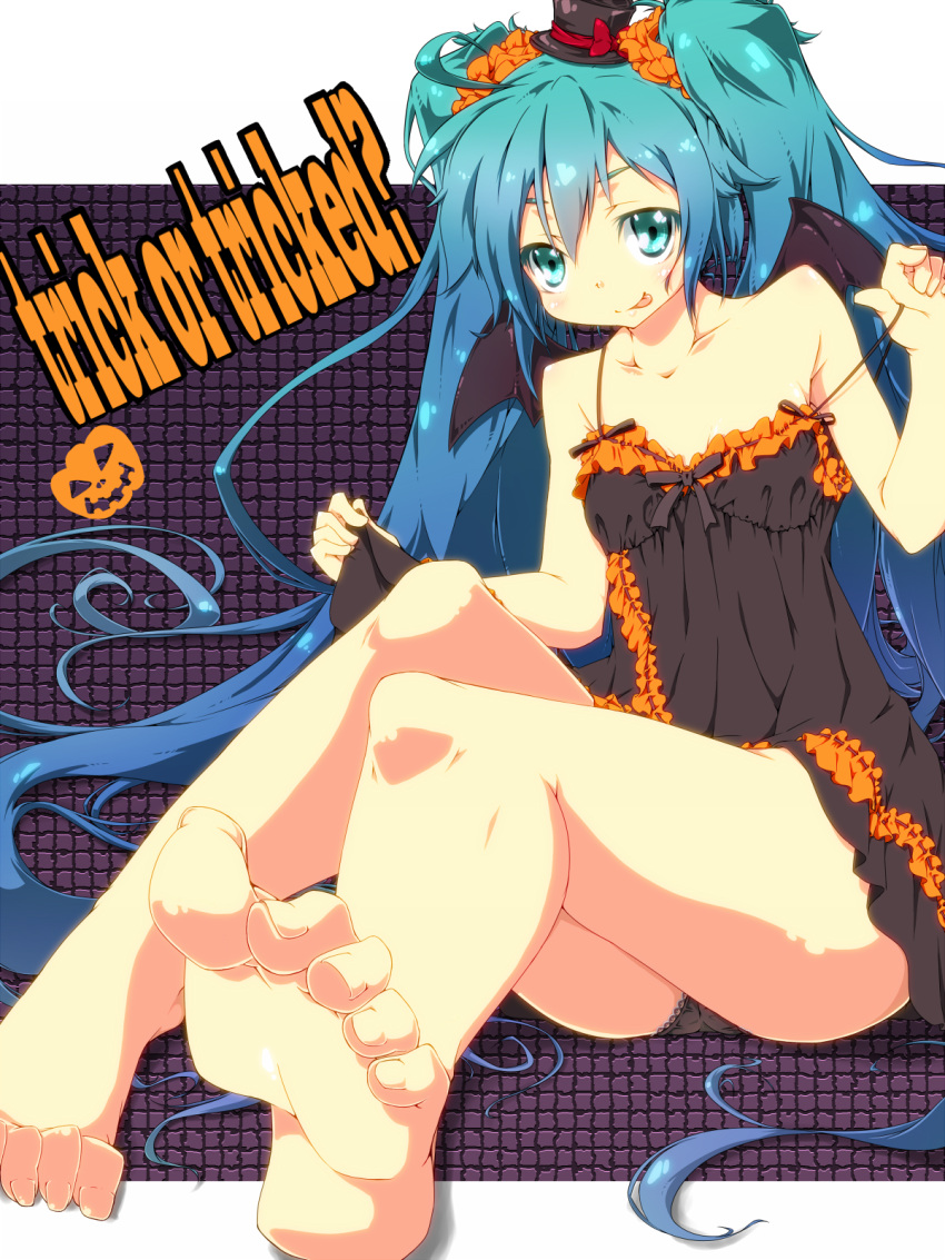 barefoot, bat_wings, collarbone, feet, foreshortening, halloween, haruyonoto, hat