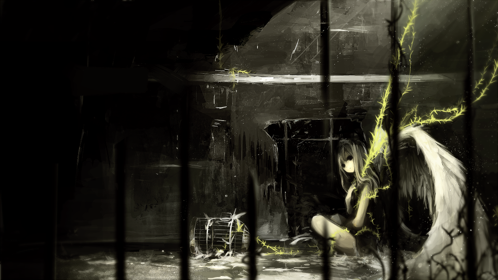 azami_(distel), birdcage, cage, dark, original, sunlight, vines, wings