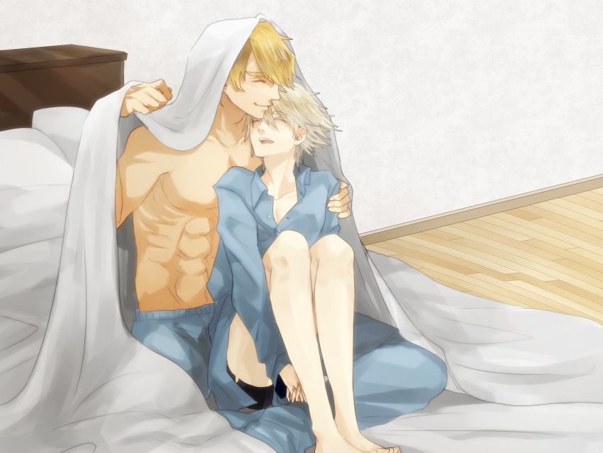 arm_around_shoulder, bed, blanket, blonde_hair, closed_eyes, eyes_closed, highres, ivan_karelin, keith_goodman, male, multiple_boys, murata0033, muscle, open_mouth, pajamas, shirt, shirtless, short_hair, smile, tiger_&amp;_bunny